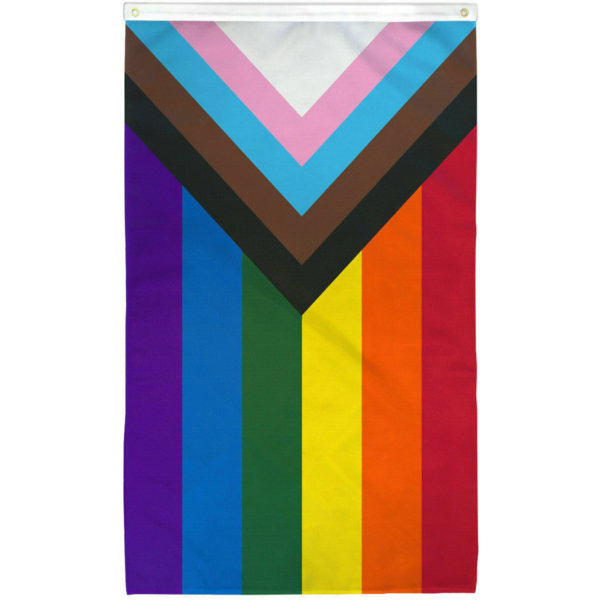 a rainbow flag with an inward-pointing triangle at one end, which consists of black, brown, and trans flag color stripes