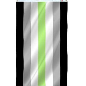 the agender flag, with a lime green stripe in the middle, sandwiched by white stripes, then grey stripes, then black stripes
