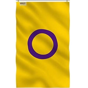 The intersex flag which is a yellow flag with a dark purple ring in the center.