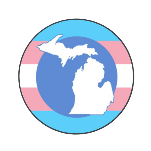 A circular button with a white silhouette of Michigan set in front of trans colors