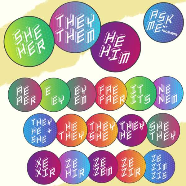 20 different pronoun button designs. Each has a unique color gradient and capitalized blocky letters.