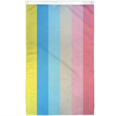 The genderflux flag. Top stripe of color is coral, then light pink, then light gray, then light blue, then dark blue, then yellow.