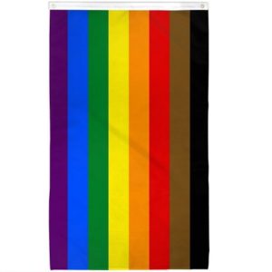 A Philly rainbow flag. This is a classic rainbow flag with brown and black stripes on top.