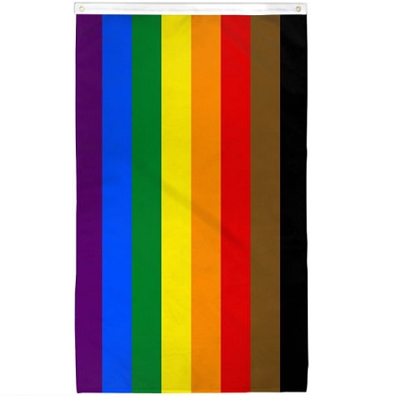 A Philly rainbow flag. This is a classic rainbow flag with brown and black stripes on top.