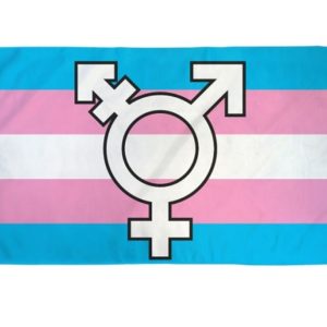 A trans flag with the trans symbol, in white, in the middle.