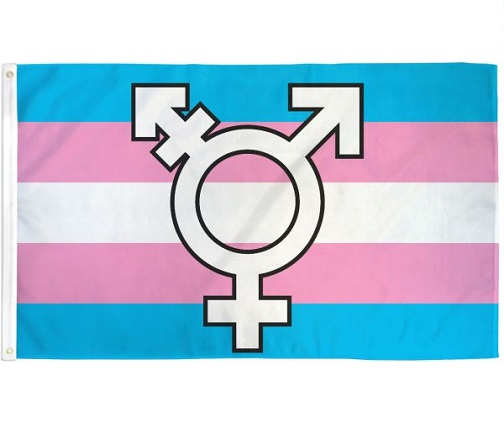 A trans flag with the trans symbol, in white, in the middle.