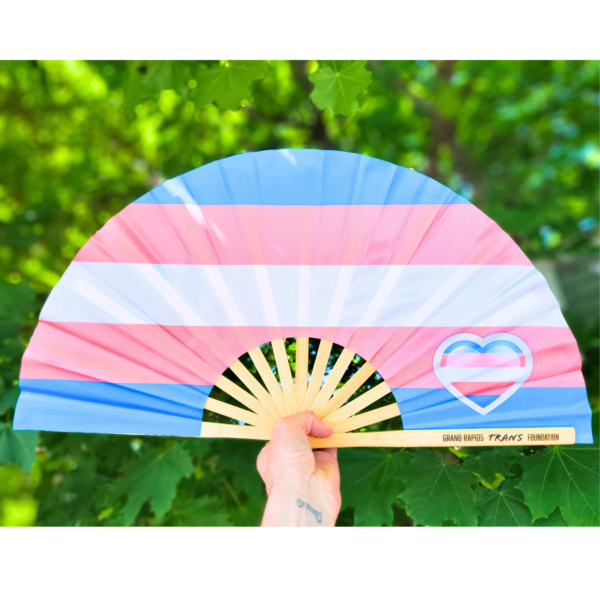 Photo of a clack fan in trans flag colors