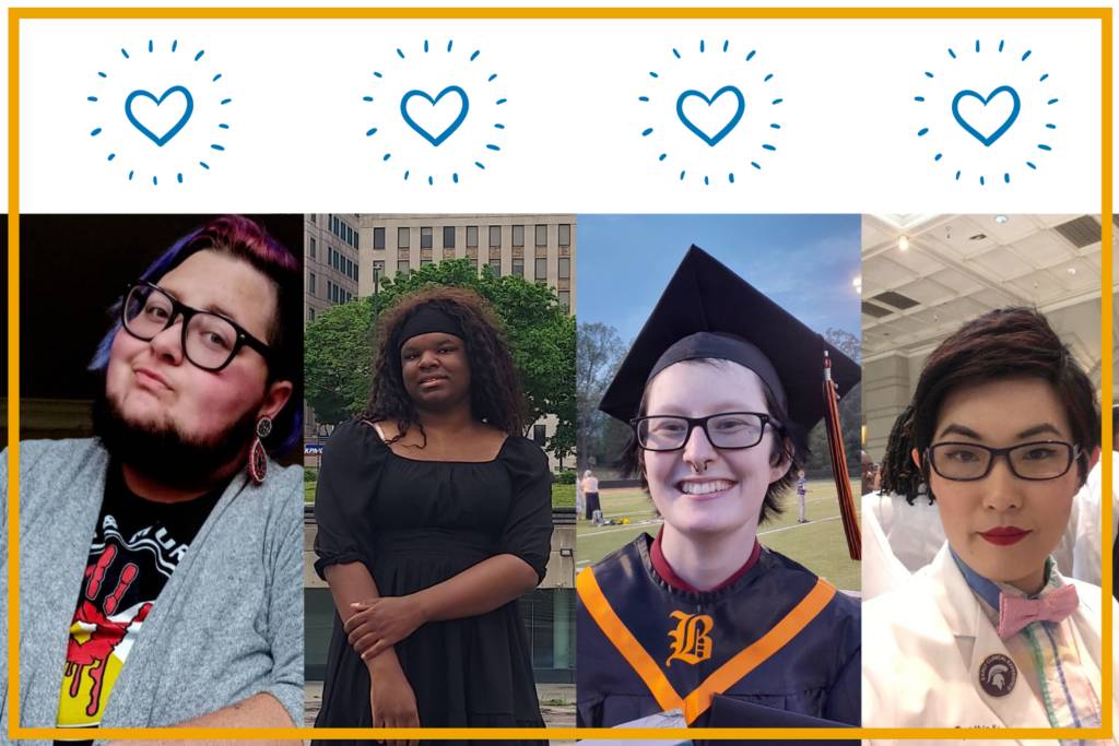 Photos of 4 scholarships recipients, with teal hearts hovering over each. The image is bordered by a golden outline.